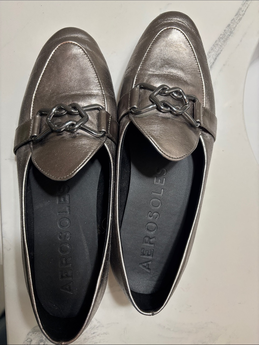 AEROSOLES Metallic Pewter Chain-Detail Loafers Size 11